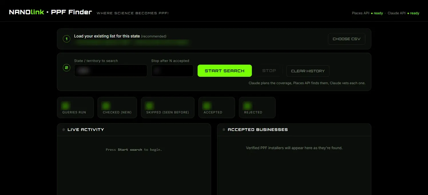 Installer Finder app: load the existing list for a state, choose a state, then start the search. Details blurred.