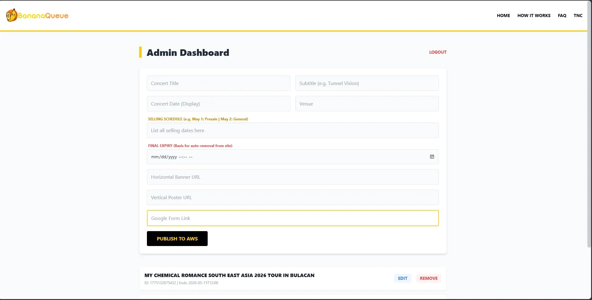 Bananaqueue admin dashboard form for publishing a new concert event