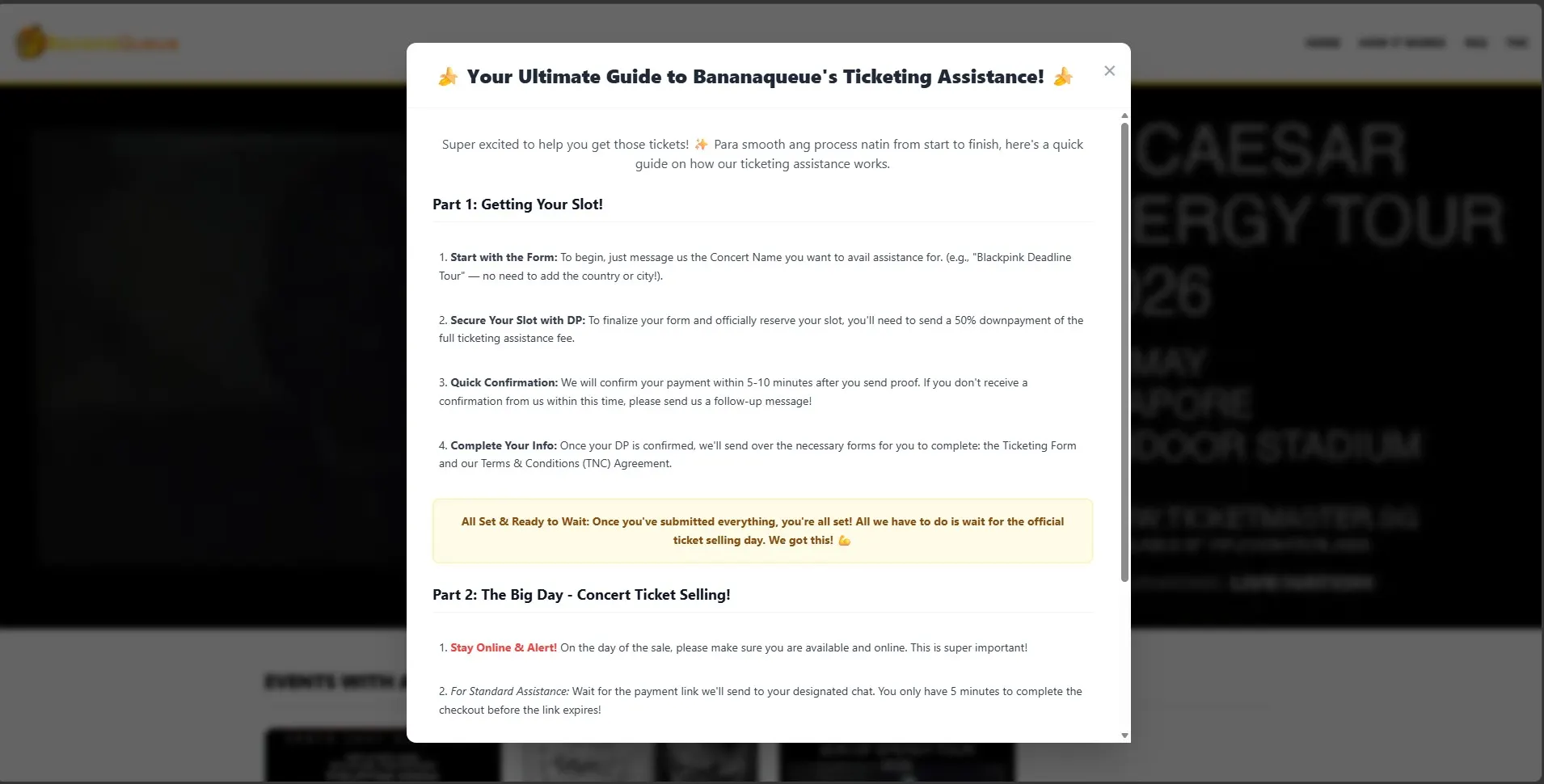 Bananaqueue ticketing assistance guide open over the event page