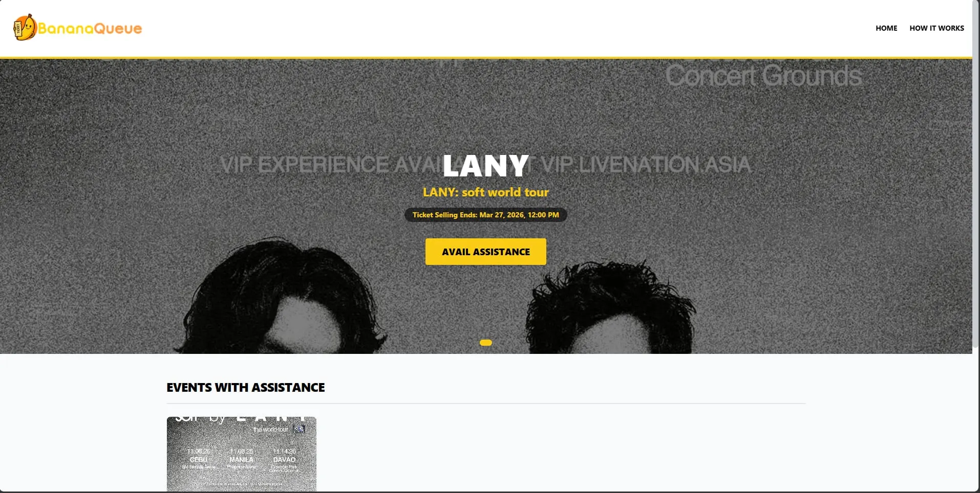 Bananaqueue homepage with the LANY soft world tour event banner