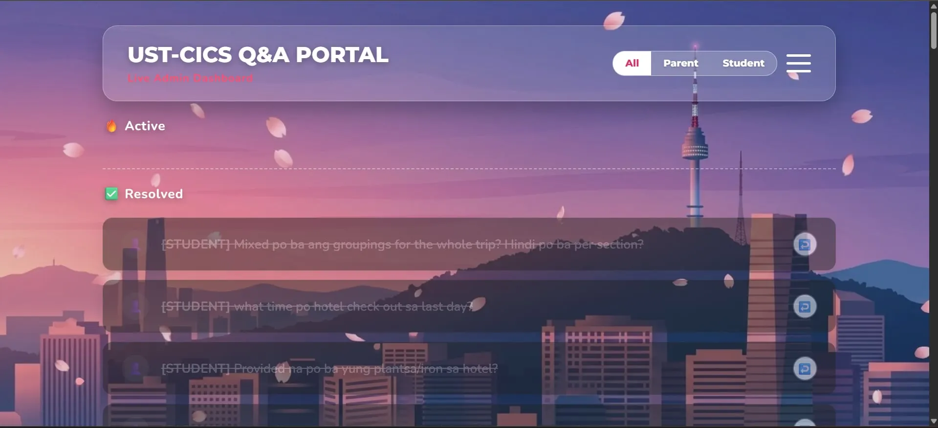 Live board of active and resolved student questions on the UST CICS portal