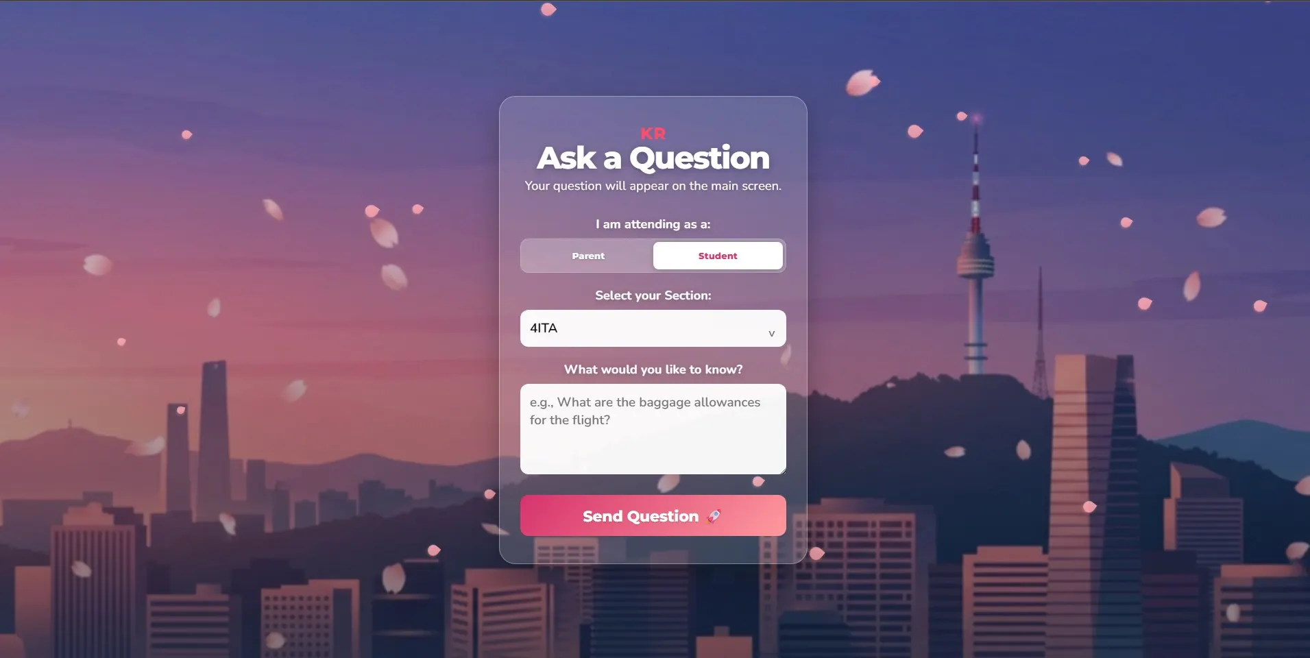 Pre-field trip portal: the Ask a Question form for parents and students