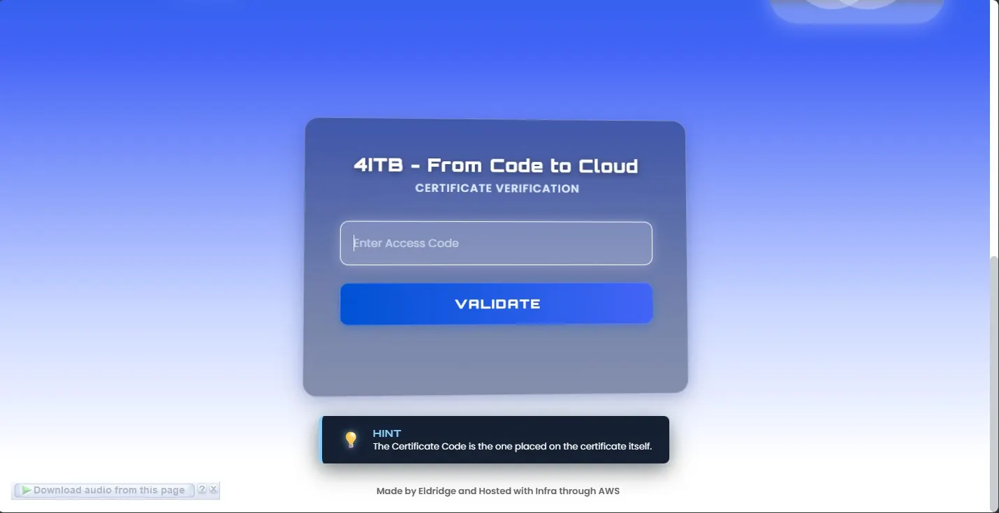 Certificate verification form asking for the attendee access code